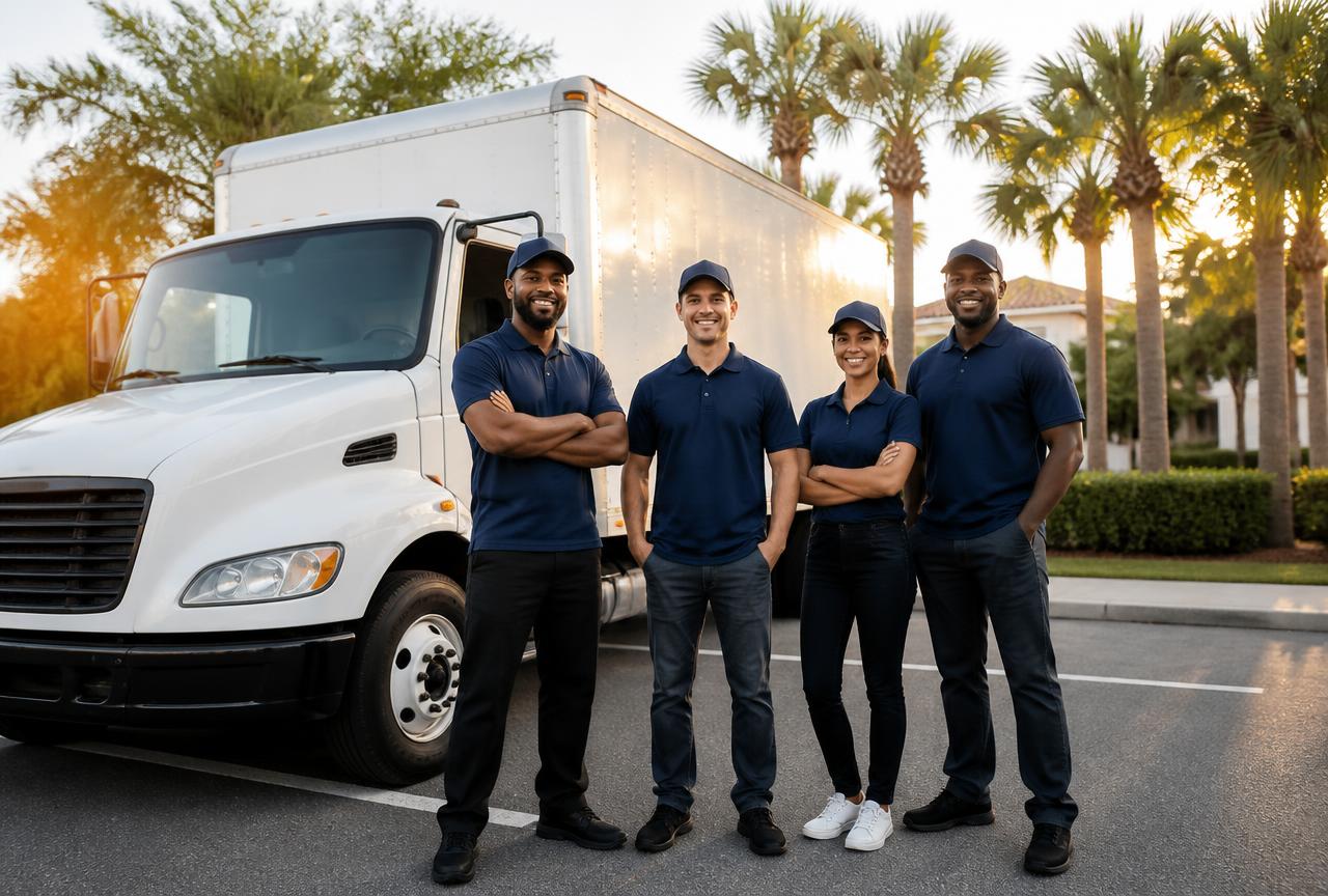 Moving team standing beside a clean white moving truck in Florida