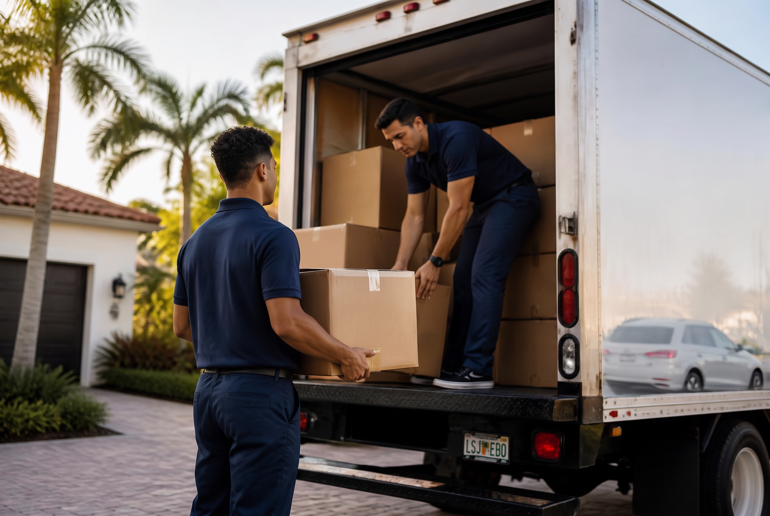 Professional movers loading plain cardboard boxes into a clean white moving truck outside a Florida home