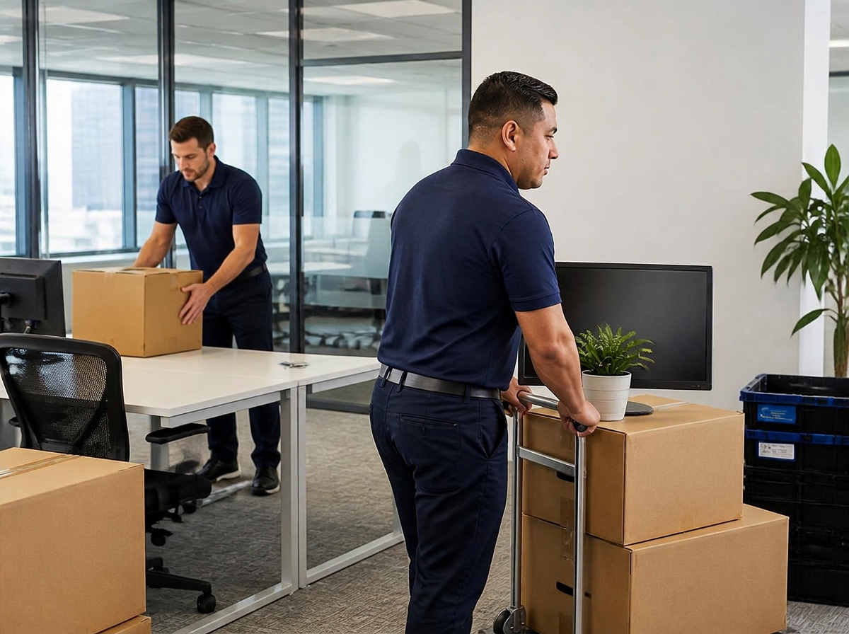 Movers handling packed boxes and office equipment in a modern office