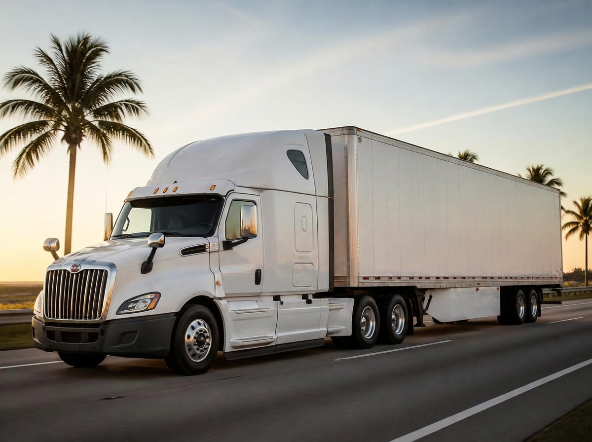 Clean white moving truck traveling a Florida highway at sunset