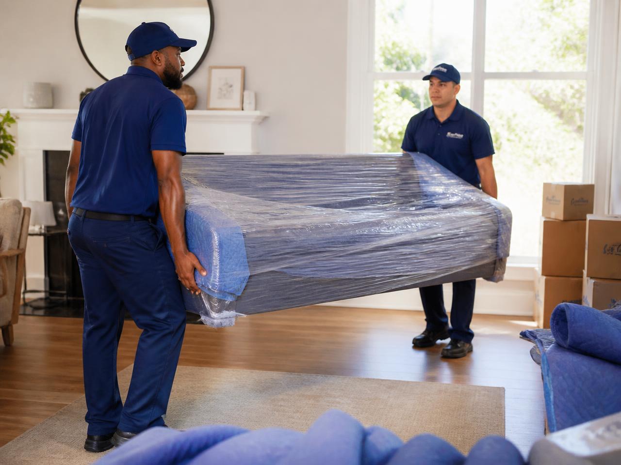 Two movers carefully carrying a wrapped sofa through a bright living room
